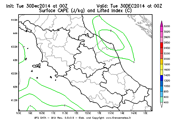 Mappa di analisi GFS - CAPE [J/kg] e Lifted Index [°C] in Centro-Italia
									del 30/12/2014 00 <!--googleoff: index-->UTC<!--googleon: index-->