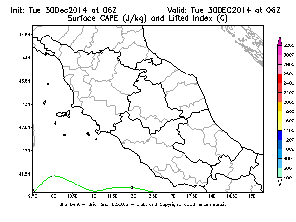 Mappa di analisi GFS - CAPE [J/kg] e Lifted Index [°C] in Centro-Italia
									del 30/12/2014 06 <!--googleoff: index-->UTC<!--googleon: index-->