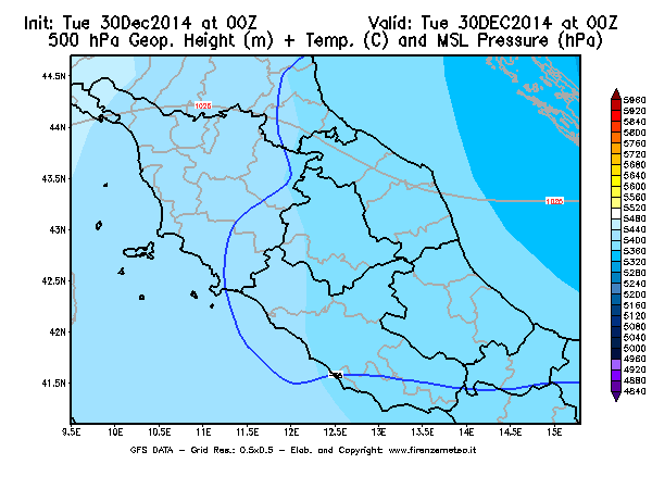 Mappa di analisi GFS - Geopotenziale [m] + Temp. [°C] a 500 hPa + Press. a livello del mare [hPa] in Centro-Italia
									del 30/12/2014 00 <!--googleoff: index-->UTC<!--googleon: index-->