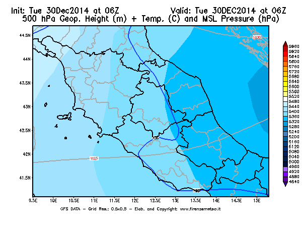 Mappa di analisi GFS - Geopotenziale [m] + Temp. [°C] a 500 hPa + Press. a livello del mare [hPa] in Centro-Italia
									del 30/12/2014 06 <!--googleoff: index-->UTC<!--googleon: index-->