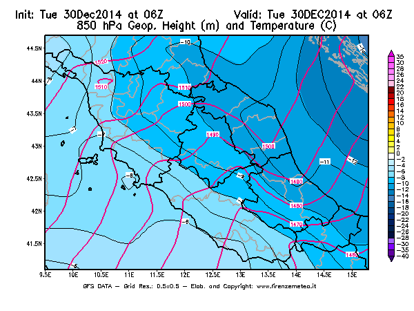 Mappa di analisi GFS - Geopotenziale [m] e Temperatura [°C] a 850 hPa in Centro-Italia
									del 30/12/2014 06 <!--googleoff: index-->UTC<!--googleon: index-->