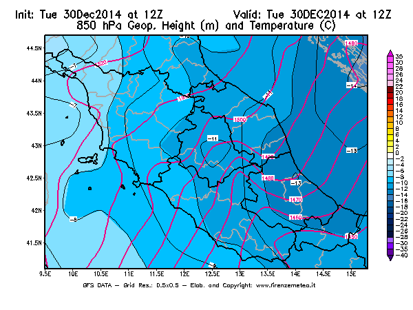 Mappa di analisi GFS - Geopotenziale [m] e Temperatura [°C] a 850 hPa in Centro-Italia
									del 30/12/2014 12 <!--googleoff: index-->UTC<!--googleon: index-->