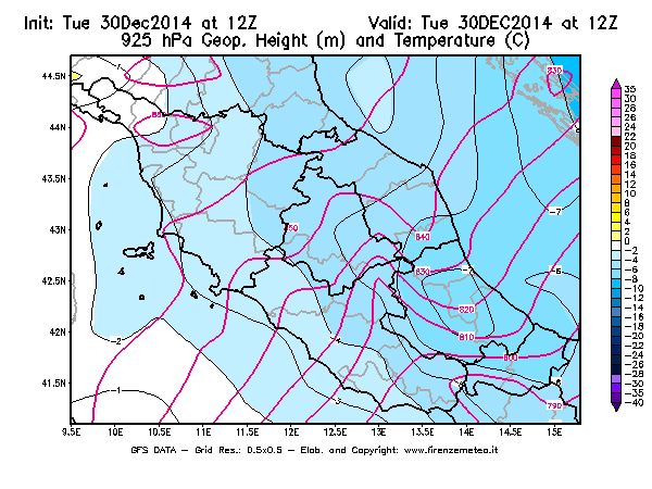 Mappa di analisi GFS - Geopotenziale [m] e Temperatura [°C] a 925 hPa in Centro-Italia
									del 30/12/2014 12 <!--googleoff: index-->UTC<!--googleon: index-->