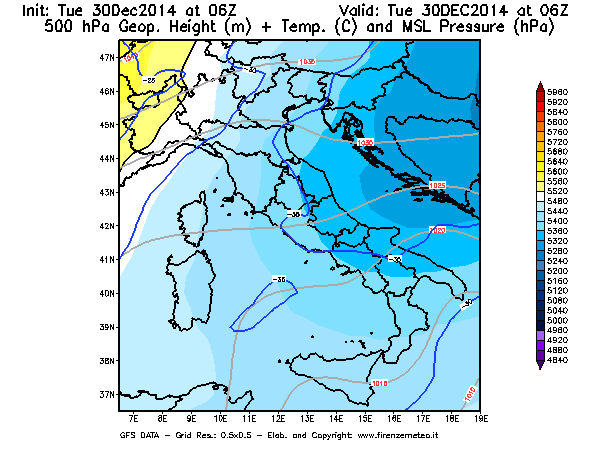 Mappa di analisi GFS - Geopotenziale [m] + Temp. [°C] a 500 hPa + Press. a livello del mare [hPa] in Italia
									del 30/12/2014 06 <!--googleoff: index-->UTC<!--googleon: index-->