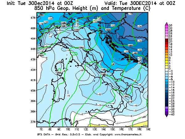 Mappa di analisi GFS - Geopotenziale [m] e Temperatura [°C] a 850 hPa in Italia
									del 30/12/2014 00 <!--googleoff: index-->UTC<!--googleon: index-->