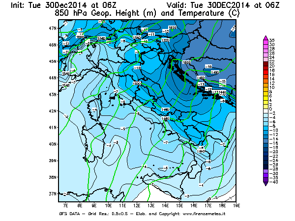 Mappa di analisi GFS - Geopotenziale [m] e Temperatura [°C] a 850 hPa in Italia
									del 30/12/2014 06 <!--googleoff: index-->UTC<!--googleon: index-->