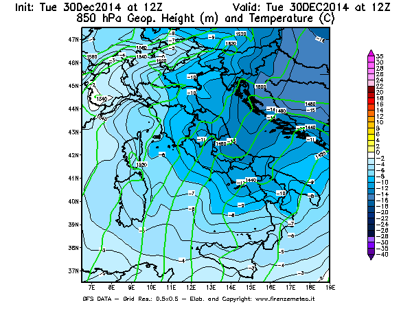 Mappa di analisi GFS - Geopotenziale [m] e Temperatura [°C] a 850 hPa in Italia
									del 30/12/2014 12 <!--googleoff: index-->UTC<!--googleon: index-->