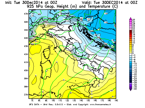Mappa di analisi GFS - Geopotenziale [m] e Temperatura [°C] a 925 hPa in Italia
									del 30/12/2014 00 <!--googleoff: index-->UTC<!--googleon: index-->