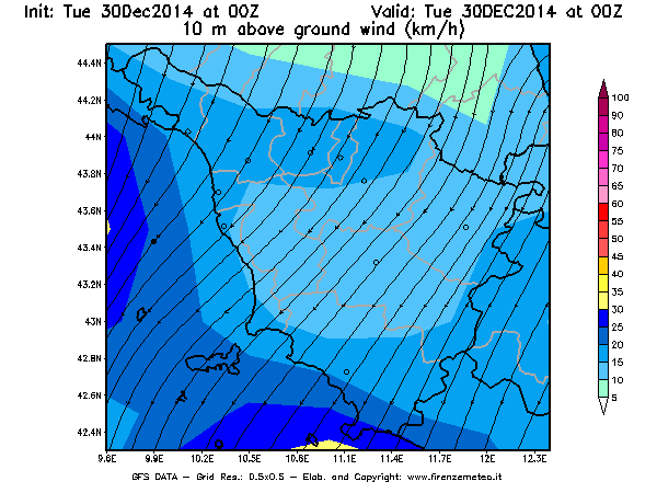 Mappa di analisi GFS - Velocità del vento a 10 metri dal suolo [km/h] in Toscana
									del 30/12/2014 00 <!--googleoff: index-->UTC<!--googleon: index-->