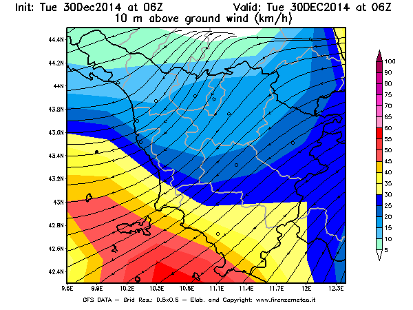 Mappa di analisi GFS - Velocità del vento a 10 metri dal suolo [km/h] in Toscana
									del 30/12/2014 06 <!--googleoff: index-->UTC<!--googleon: index-->