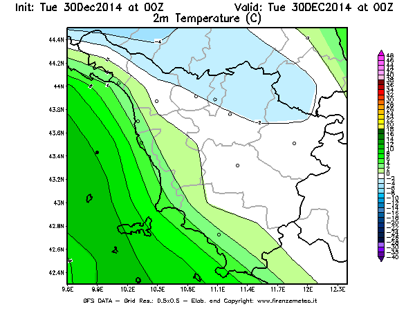 Mappa di analisi GFS - Temperatura a 2 metri dal suolo [°C] in Toscana
									del 30/12/2014 00 <!--googleoff: index-->UTC<!--googleon: index-->