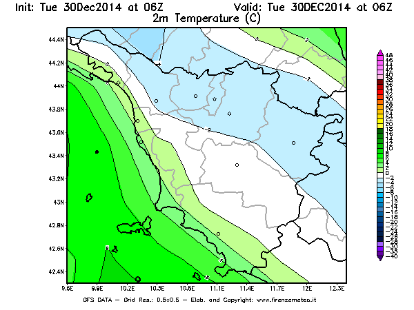 Mappa di analisi GFS - Temperatura a 2 metri dal suolo [°C] in Toscana
									del 30/12/2014 06 <!--googleoff: index-->UTC<!--googleon: index-->