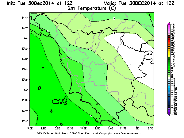Mappa di analisi GFS - Temperatura a 2 metri dal suolo [°C] in Toscana
									del 30/12/2014 12 <!--googleoff: index-->UTC<!--googleon: index-->