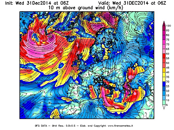 Mappa di analisi GFS - Velocità del vento a 10 metri dal suolo [km/h] in Europa
							del 31/12/2014 06 <!--googleoff: index-->UTC<!--googleon: index-->