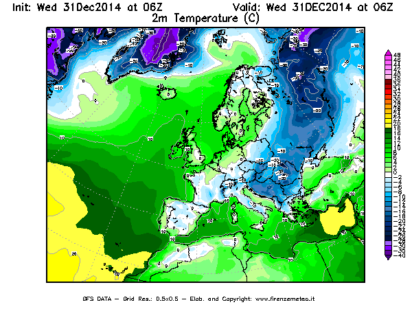 Mappa di analisi GFS - Temperatura a 2 metri dal suolo [°C] in Europa
							del 31/12/2014 06 <!--googleoff: index-->UTC<!--googleon: index-->