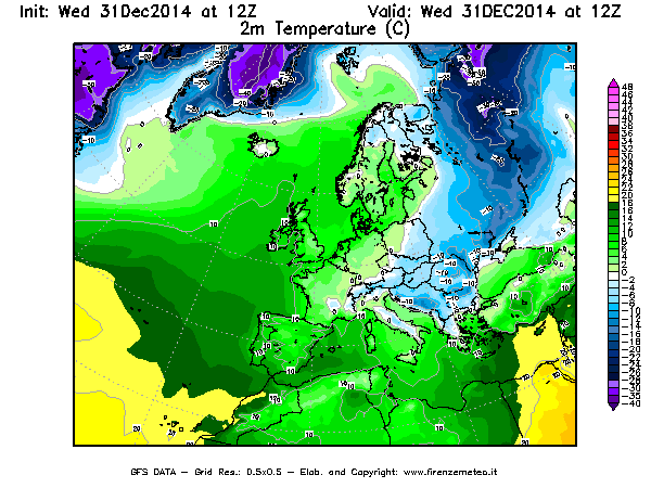 Mappa di analisi GFS - Temperatura a 2 metri dal suolo [°C] in Europa
							del 31/12/2014 12 <!--googleoff: index-->UTC<!--googleon: index-->