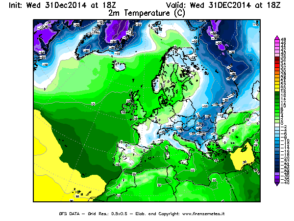 Mappa di analisi GFS - Temperatura a 2 metri dal suolo [°C] in Europa
							del 31/12/2014 18 <!--googleoff: index-->UTC<!--googleon: index-->