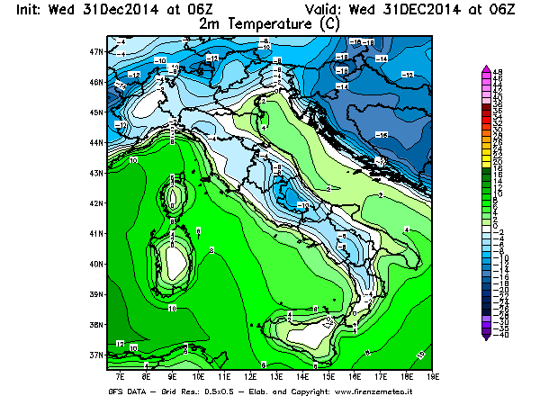 Mappa di analisi GFS - Temperatura a 2 metri dal suolo [°C] in Italia
							del 31/12/2014 06 <!--googleoff: index-->UTC<!--googleon: index-->