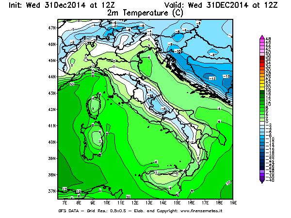 Mappa di analisi GFS - Temperatura a 2 metri dal suolo [°C] in Italia
							del 31/12/2014 12 <!--googleoff: index-->UTC<!--googleon: index-->