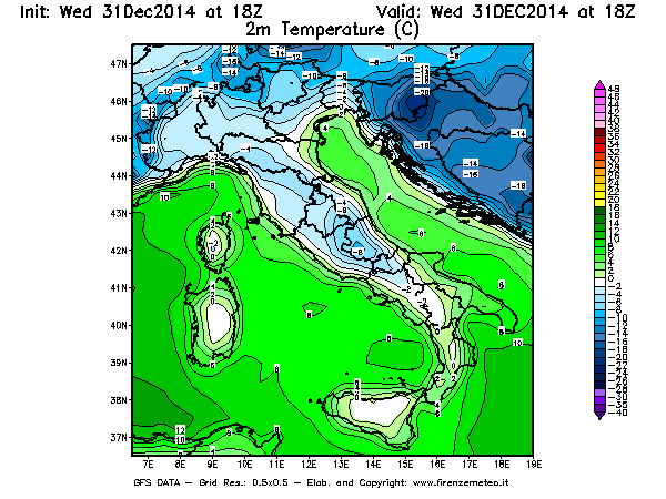 Mappa di analisi GFS - Temperatura a 2 metri dal suolo [°C] in Italia
							del 31/12/2014 18 <!--googleoff: index-->UTC<!--googleon: index-->