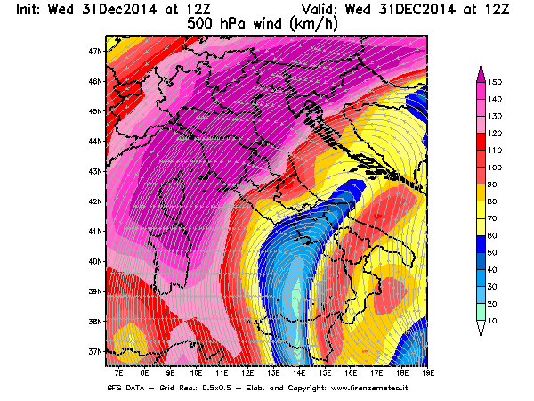 Mappa di analisi GFS - Velocità del vento a 500 hPa [km/h] in Italia
							del 31/12/2014 12 <!--googleoff: index-->UTC<!--googleon: index-->