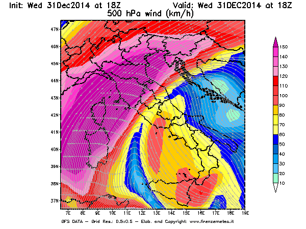 Mappa di analisi GFS - Velocità del vento a 500 hPa [km/h] in Italia
							del 31/12/2014 18 <!--googleoff: index-->UTC<!--googleon: index-->