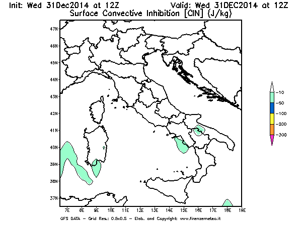 Mappa di analisi GFS - CIN [J/kg] in Italia
							del 31/12/2014 12 <!--googleoff: index-->UTC<!--googleon: index-->