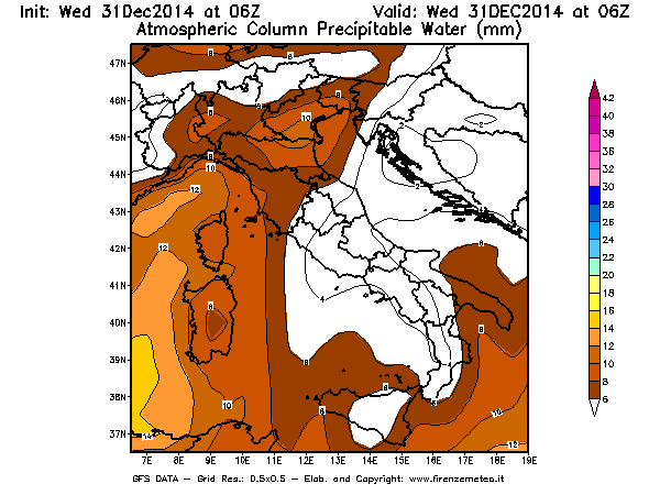Mappa di analisi GFS - Precipitable Water [mm] in Italia
							del 31/12/2014 06 <!--googleoff: index-->UTC<!--googleon: index-->