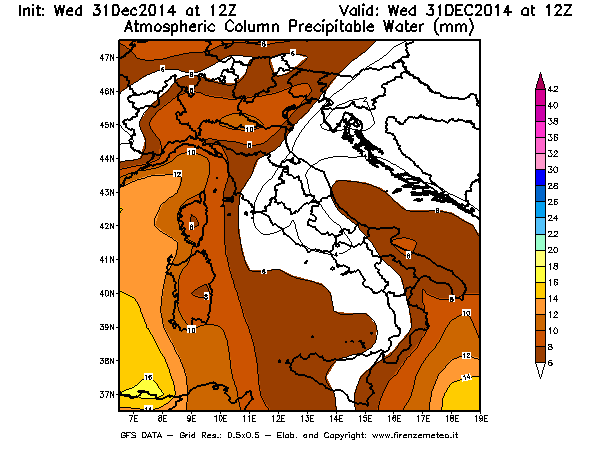Mappa di analisi GFS - Precipitable Water [mm] in Italia
							del 31/12/2014 12 <!--googleoff: index-->UTC<!--googleon: index-->