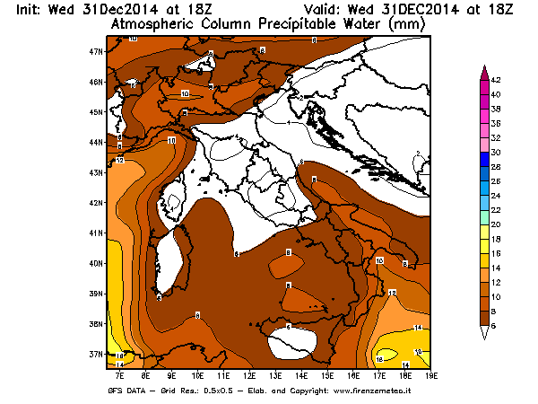 Mappa di analisi GFS - Precipitable Water [mm] in Italia
							del 31/12/2014 18 <!--googleoff: index-->UTC<!--googleon: index-->