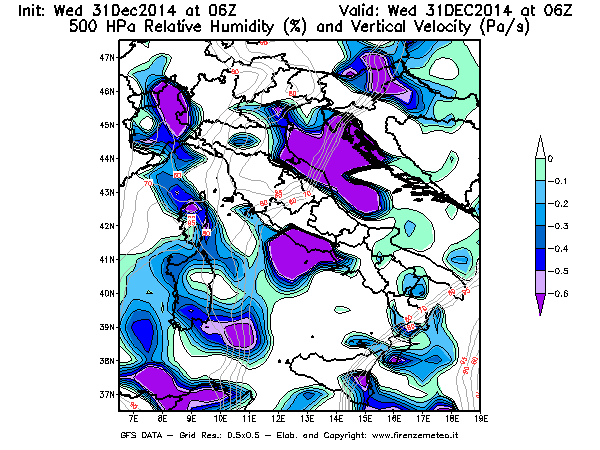 Mappa di analisi GFS - Umidità relativa [%] e Omega [Pa/s] a 500 hPa in Italia
							del 31/12/2014 06 <!--googleoff: index-->UTC<!--googleon: index-->
