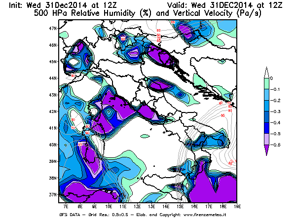 Mappa di analisi GFS - Umidità relativa [%] e Omega [Pa/s] a 500 hPa in Italia
							del 31/12/2014 12 <!--googleoff: index-->UTC<!--googleon: index-->