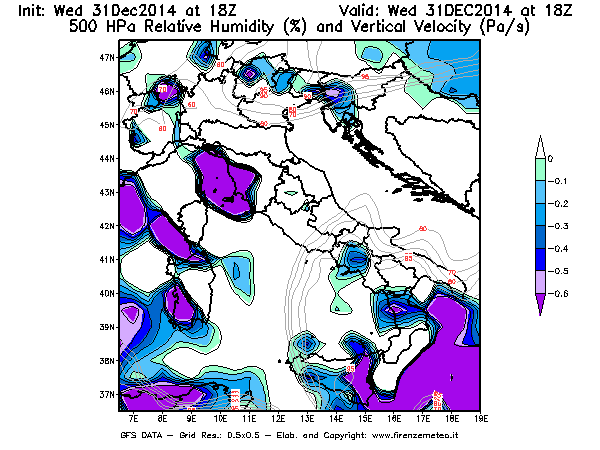 Mappa di analisi GFS - Umidità relativa [%] e Omega [Pa/s] a 500 hPa in Italia
							del 31/12/2014 18 <!--googleoff: index-->UTC<!--googleon: index-->