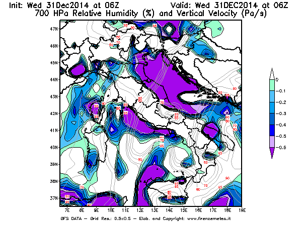 Mappa di analisi GFS - Umidità relativa [%] e Omega [Pa/s] a 700 hPa in Italia
							del 31/12/2014 06 <!--googleoff: index-->UTC<!--googleon: index-->