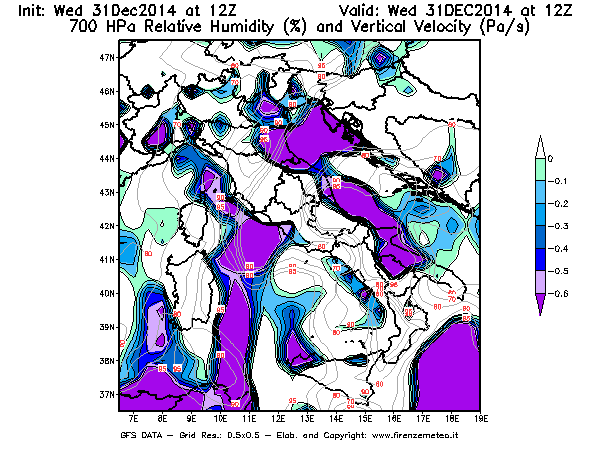 Mappa di analisi GFS - Umidità relativa [%] e Omega [Pa/s] a 700 hPa in Italia
							del 31/12/2014 12 <!--googleoff: index-->UTC<!--googleon: index-->