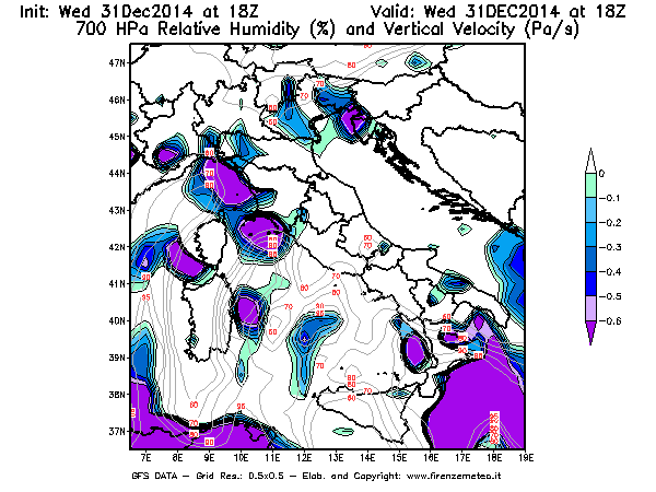 Mappa di analisi GFS - Umidità relativa [%] e Omega [Pa/s] a 700 hPa in Italia
							del 31/12/2014 18 <!--googleoff: index-->UTC<!--googleon: index-->