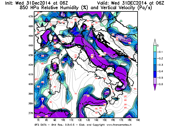 Mappa di analisi GFS - Umidità relativa [%] e Omega [Pa/s] a 850 hPa in Italia
							del 31/12/2014 06 <!--googleoff: index-->UTC<!--googleon: index-->