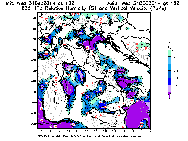 Mappa di analisi GFS - Umidità relativa [%] e Omega [Pa/s] a 850 hPa in Italia
							del 31/12/2014 18 <!--googleoff: index-->UTC<!--googleon: index-->