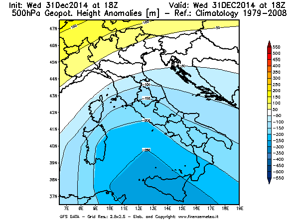Mappa di analisi GFS - Anomalia di Geopotenziale a 500 hPa in Italia
							del 31/12/2014 18 <!--googleoff: index-->UTC<!--googleon: index-->