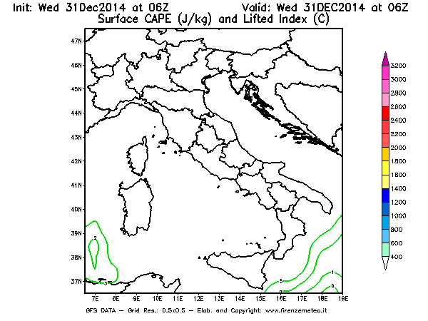 Mappa di analisi GFS - CAPE [J/kg] e Lifted Index [°C] in Italia
							del 31/12/2014 06 <!--googleoff: index-->UTC<!--googleon: index-->