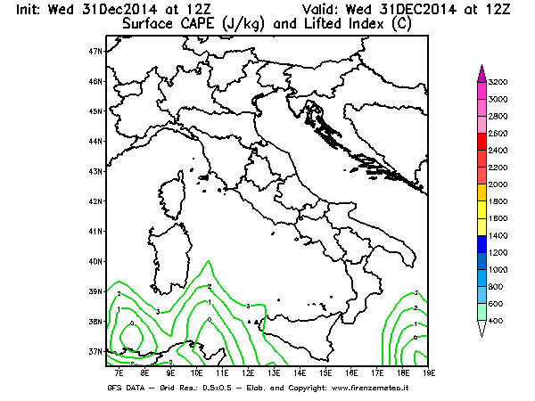 Mappa di analisi GFS - CAPE [J/kg] e Lifted Index [°C] in Italia
							del 31/12/2014 12 <!--googleoff: index-->UTC<!--googleon: index-->