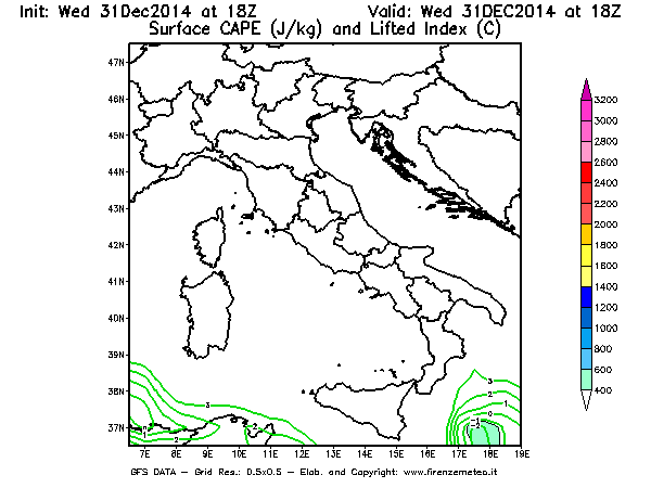 Mappa di analisi GFS - CAPE [J/kg] e Lifted Index [°C] in Italia
							del 31/12/2014 18 <!--googleoff: index-->UTC<!--googleon: index-->