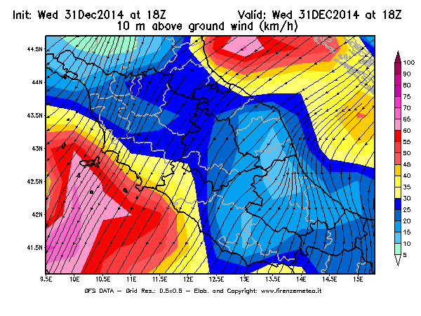 Mappa di analisi GFS - Velocità del vento a 10 metri dal suolo [km/h] in Centro-Italia
							del 31/12/2014 18 <!--googleoff: index-->UTC<!--googleon: index-->