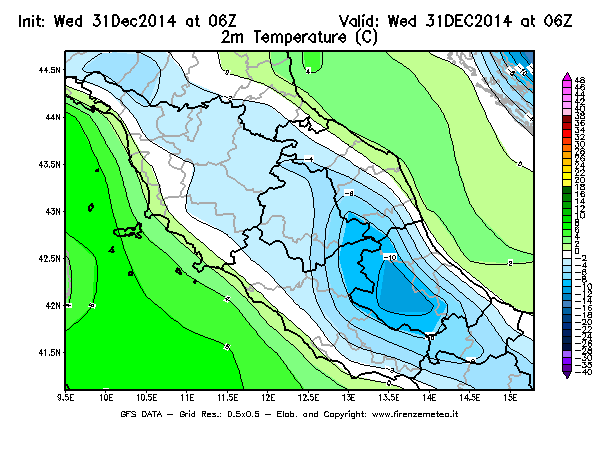 Mappa di analisi GFS - Temperatura a 2 metri dal suolo [°C] in Centro-Italia
							del 31/12/2014 06 <!--googleoff: index-->UTC<!--googleon: index-->
