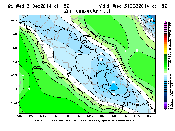 Mappa di analisi GFS - Temperatura a 2 metri dal suolo [°C] in Centro-Italia
							del 31/12/2014 18 <!--googleoff: index-->UTC<!--googleon: index-->