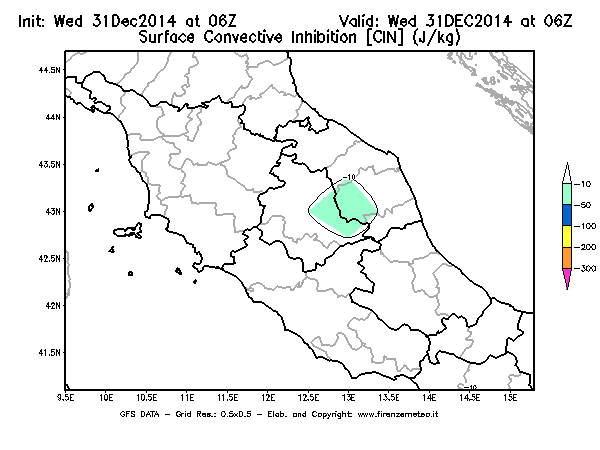 Mappa di analisi GFS - CIN [J/kg] in Centro-Italia
							del 31/12/2014 06 <!--googleoff: index-->UTC<!--googleon: index-->