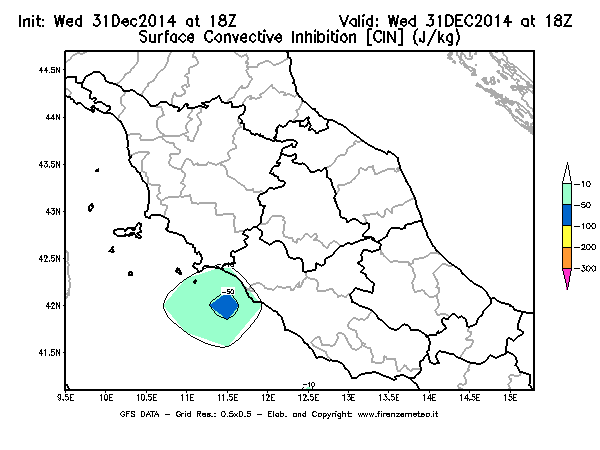 Mappa di analisi GFS - CIN [J/kg] in Centro-Italia
							del 31/12/2014 18 <!--googleoff: index-->UTC<!--googleon: index-->