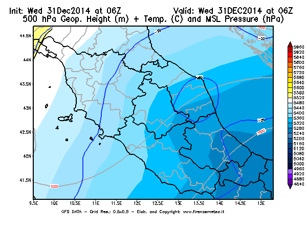 Mappa di analisi GFS - Geopotenziale [m] + Temp. [°C] a 500 hPa + Press. a livello del mare [hPa] in Centro-Italia
							del 31/12/2014 06 <!--googleoff: index-->UTC<!--googleon: index-->