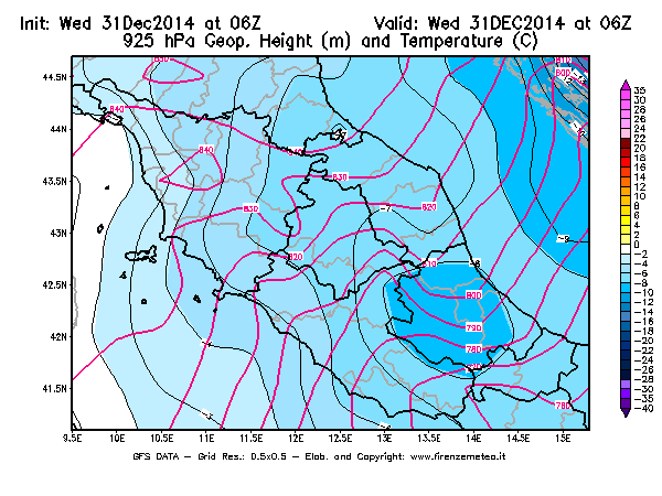 Mappa di analisi GFS - Geopotenziale [m] e Temperatura [°C] a 925 hPa in Centro-Italia
							del 31/12/2014 06 <!--googleoff: index-->UTC<!--googleon: index-->