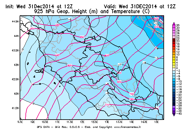 Mappa di analisi GFS - Geopotenziale [m] e Temperatura [°C] a 925 hPa in Centro-Italia
							del 31/12/2014 12 <!--googleoff: index-->UTC<!--googleon: index-->